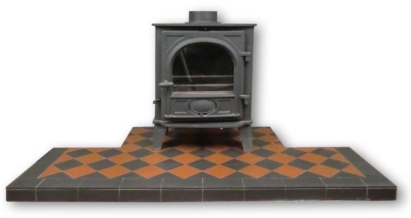 Terracotta and black diamond pattern hearth for a stove